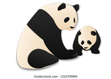 Panda mother and son. Paper cut graphic vector 