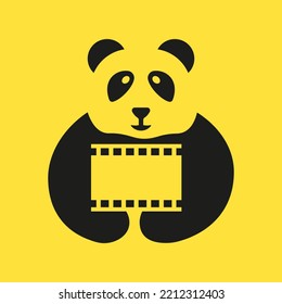 Panda Movie Reel Logo Negative Space Concept Vector Template. Panda Holding Movie Reel Symbol