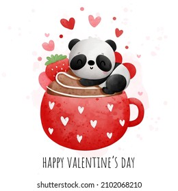 Panda Mug, Valentines' panda watercolor vector. 