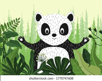 Panda with Natural Landscape Flat Illustration