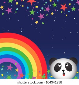 Panda in the night sky with rainbow
