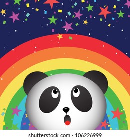 Panda in the night sky with rainbow