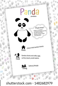 Panda on background of animal tracks. Educational flash card for children, preschoolers. home schooling. for kindergartens, kindergartens. Interesting facts, nutrition, habitat