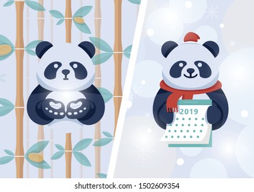 A panda on a background of money bamboo tree holds a cloud and a panda in winter holds a calendar