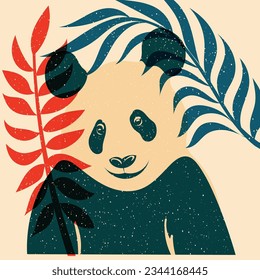 Panda on a background of tropical leaves. Avatar, badge, poster, logo templates, print. Illustration with Riso print effect. Flat style