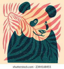 Panda on a background of tropical leaves. Avatar, badge, poster, logo templates, print. Illustration with Riso print effect. Flat style