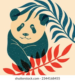 Panda on a background of tropical leaves. Avatar, badge, poster, logo templates, print. Illustration with Riso print effect. Flat style