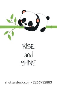 Panda en bambú. Flora y fauna asiática con texto. Positividad y optimismo. Encantador y lindo personaje durmiendo en un árbol. Biología y zoología, vida silvestre. Dibujo vectorial plano de dibujos animados