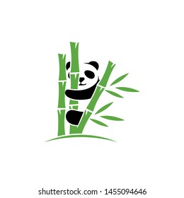 panda on bamboo logo icon with cute pandas on green background