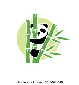 panda on bamboo logo icon with cute pandas on green background