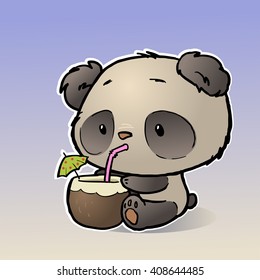 Panda on the beach drinking coconut milk 