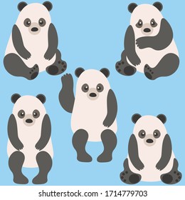 Panda on a blue background set. Different poses of the character, emotions of the Panda.