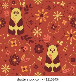 Panda on brick color background. Cute panda seamless vector pattern for wallpaper, web page background, textile design, graphic design.