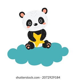 Panda on cloud. Animal sits in sky with star in its hands. Graphic elements for website, dream metaphor. Picture for printing on bed linen. Sweet dream, space. Cartoon flat vector illustration