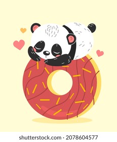 Panda on donut. Cute pictures for childrens, and picture for printing on tshirts. Logotype for cafe, restaurant or shop with sweets. Character loves baked goods. Cartoon flat vector illustration