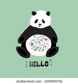 Panda on hand drawn with flowers. Hello handwritten lettering. Cute panda with a bouquet for a poster, postcards, t-shirt. Flowers and leaves composition. Cute cartoon whale with flowers. Vector