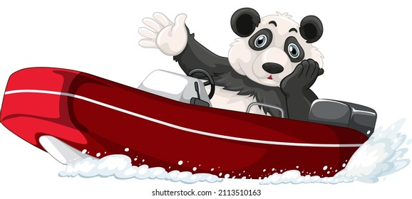 Panda on a motor boat in cartoon style illustration