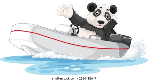 Panda on a motor boat in cartoon style illustration