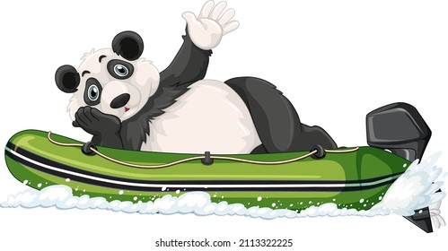 Panda on a motor inflatable boat in cartoon style illustration