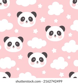 panda on a pink background with stars and clouds in the sky, good night kids seamless pattern for baby girl, nursery pastel colors  woodland animals digital print