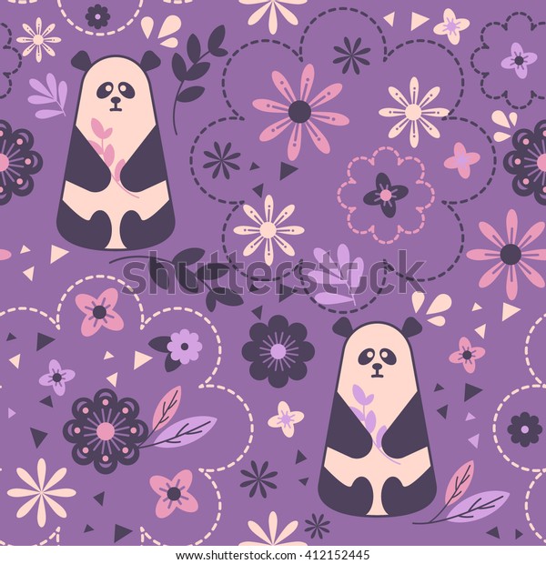 紫の背景にパンダ 壁紙 ウェブページの背景にかわいいパンダのシームレスなベクター画像パターン 繊維デザイン グラフィックデザイン のベクター画像素材 ロイヤリティフリー