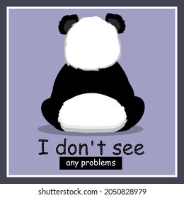 A panda on a purple background sits with his back and does not pay attention to problems. Fun designs for covers and pictures. Cartoon. Flat style. Isolated. Zoo. Chinese bear. Black and white animal.