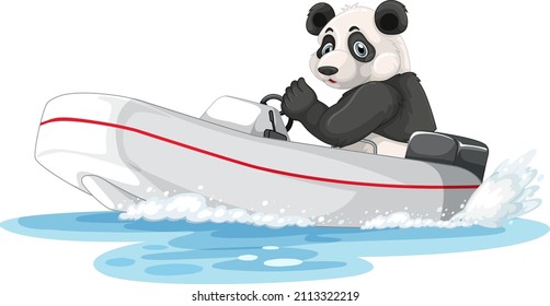 Panda on speed boat in cartoon style illustration