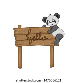 Panda on the wooden signboard with the inscription "hello" in vector. Cartoon illustration