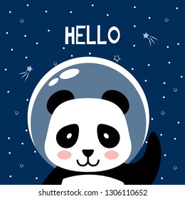 Panda in outer space saying Hello. Vector print, cute cartoon vector illustration.