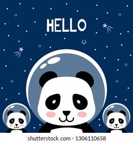 Panda in outer space saying Hello. Vector print, cute cartoon vector illustration.
