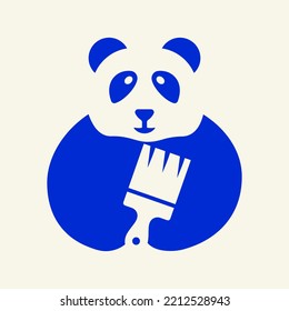 Plantilla de vectores de concepto de espacio negativo del logotipo de pintura de pandas. Símbolo panda Holding Pincel de pintura