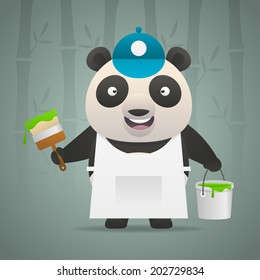 Panda painter holds brush bucket of paint