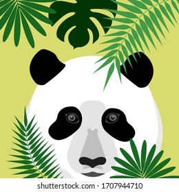 Panda with palm leaves on a yellow background