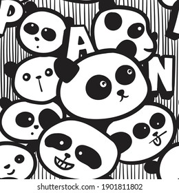 Panda Pan Pan Seamless Pattern Black And White Vector