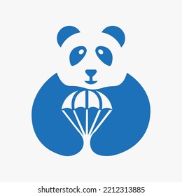 Panda Parachute Logo Negative Space Concept Vector Template. Panda Holding Parachute Symbol