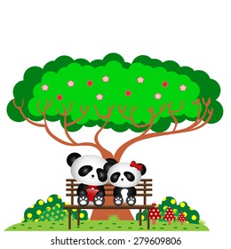 Panda in the park sitting on a bench under a tree