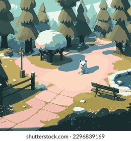 panda park, winter season, full of snow on the ground and trees, Green and blue color, Illustration