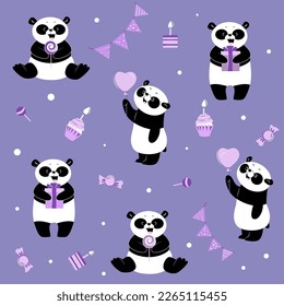 Panda pattern , birthday, purple background, vector graphics