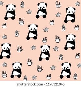 Panda pattern with funny cute animal background. Vector