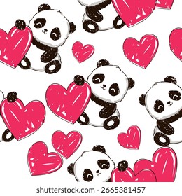 Padrão de panda com corações vetor mão desenhado fundo contínuo