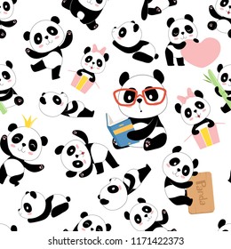 Panda pattern. Traditional asian cute china baby bears vector seamless illustrations with animals characters. Black white bear background, pattern asia fauna