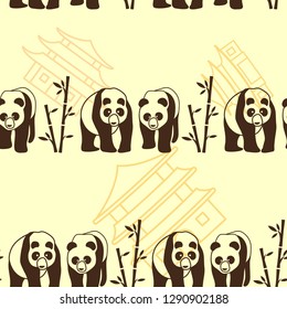 panda pattern vector illustration. Bamboo, pagoda