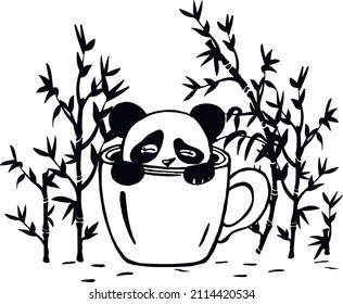 panda peeks out from coffee mug vector sketch. panda silhouette and bamboo grass vector pattern. cute panda looks out of mug. vector. sketch. EPS format	