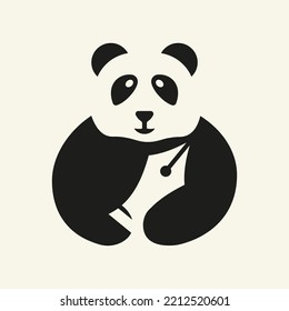 Panda Pen Nib Logo Negative Space Concept Vector Template. Panda Holding Pen Nib Symbol