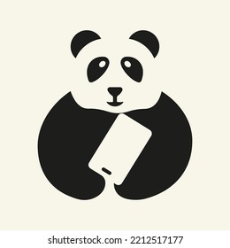 Panda Phone Logo Negative Space Concept Vector Template. Panda Holding Phone Symbol