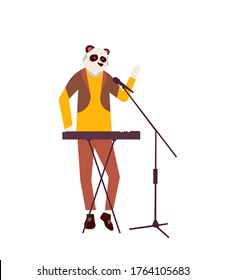 Panda pianist background. Modern illustration slider site page. The concept of a Panda plays the synthesizer and sings vector image design. Web banner animals musicians and singers.