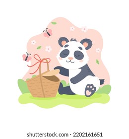 Panda with picnic basket. Spring character outdoors with butterflies. Cute seasonal vector illustration in flat cartoon style