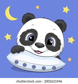 Panda with a pillow. Cute cartoon night vector illustration on blue background with stars and moon.