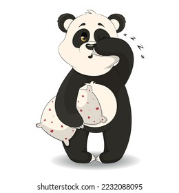 Panda with a pillow. Cute, sleepy panda with a pillow with hearts. Cartoon, childish illustration.