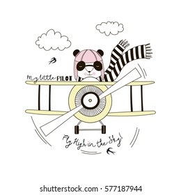 panda pilot flying plane , kid illustration